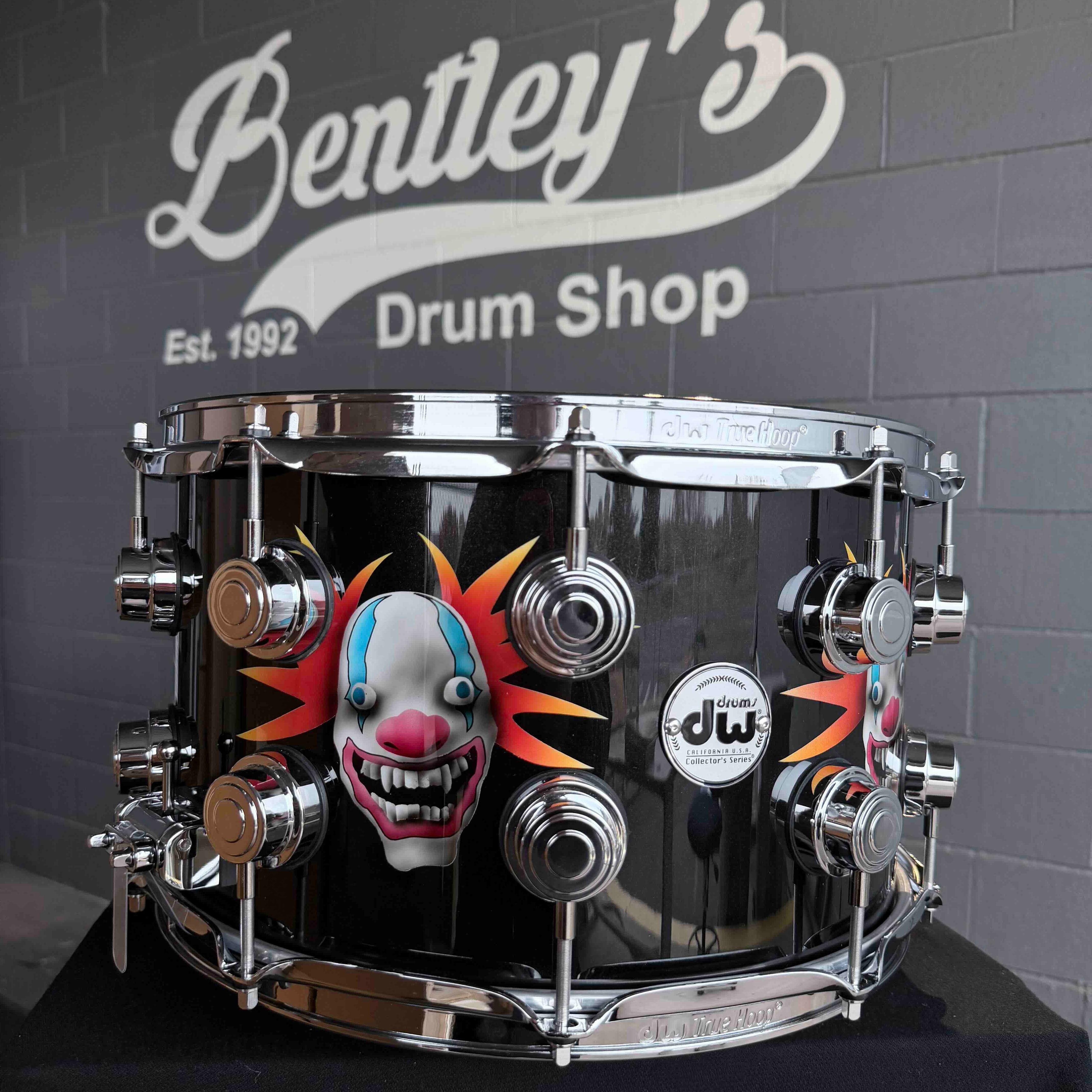 ~NEW~ DW Collector's Series 8x14 SSC Maple Snare Drum in Exotic Sick Clown over Solid Metallic Black Lacquer with Chrome Hardware